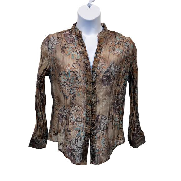 Coldwater Creek Top Wmns Sz Large 14|16 Brown Paisley Leaves Blouse Tuck Detail - Picture 1 of 13